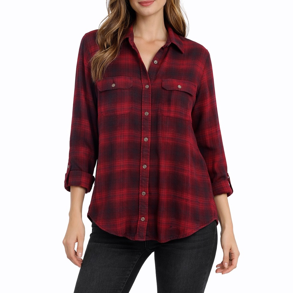 American Eagle Oversized Fit Distressed Red Flannel Shirt Size Small